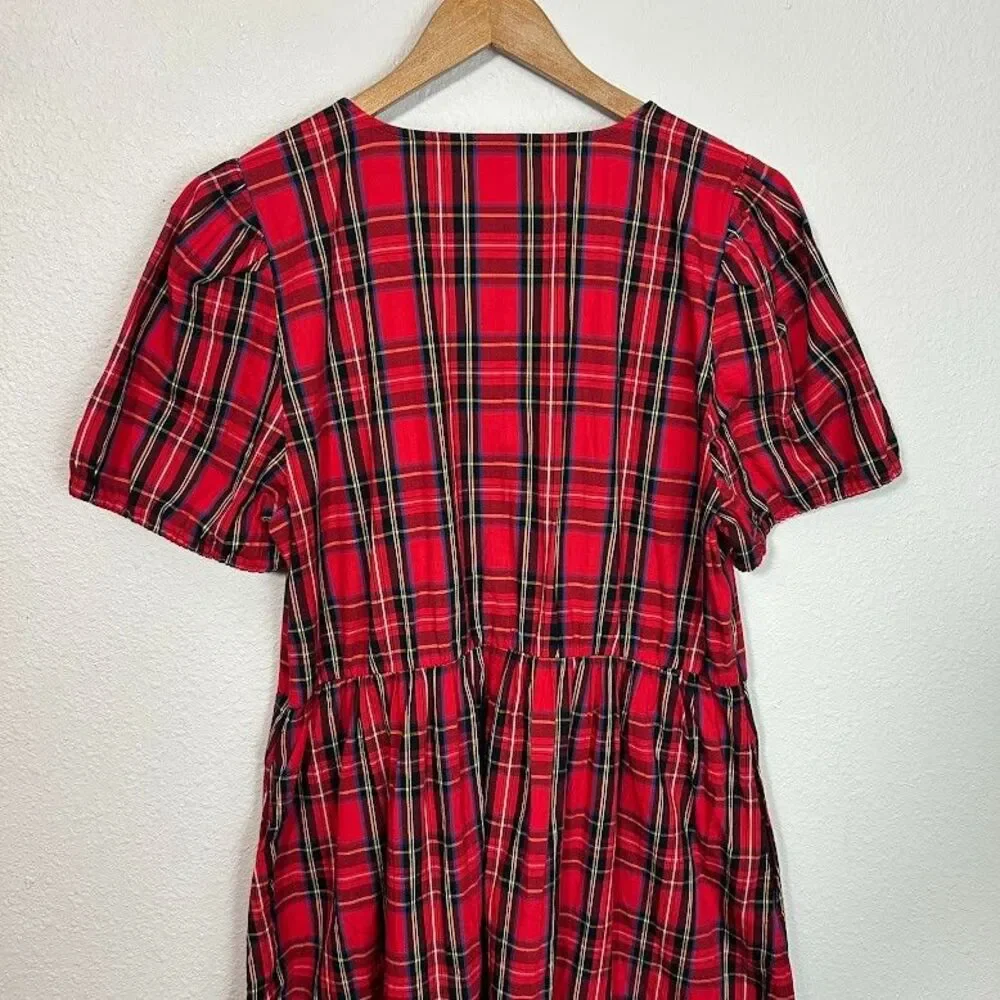 J. Crew Stewart Tartan Plaid Midi Dress 14 Red Puff Sleeve Cotton Blend Holiday